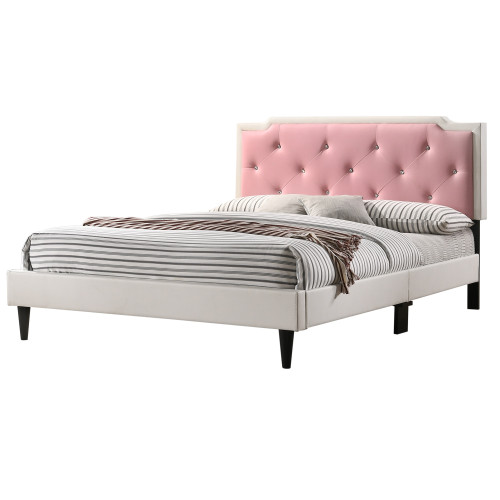 Upholstered Jewel Tufted Full Panel Bed - 81" - White and Pink - IMAGE 1