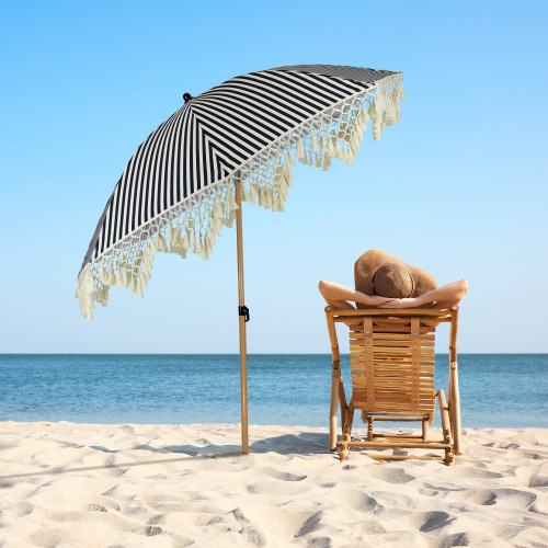 Striped Outdoor Macrame Boho Beach Market Umbrella with Tilt- 6.5' - Black and White - IMAGE 1