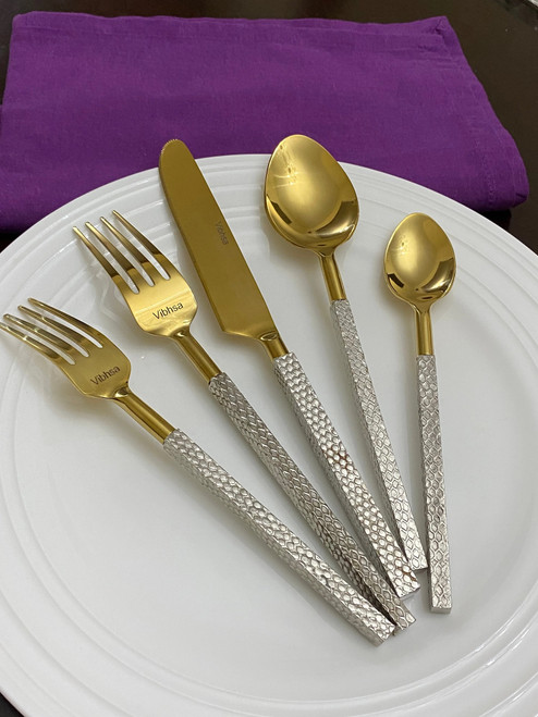 Multi Design Stainless Steel Four Service Flatware Set - Gold and Silver - 20pc - IMAGE 1