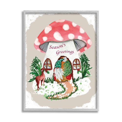 Seasons Greetings Gnome Mushroom House Christmas Framed Wall Art  - 20" x 16" - IMAGE 1