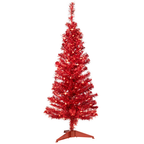 Pre-Lit Artificial Tinsel Christmas Tree - 4' - Red - Clear Lights - IMAGE 1