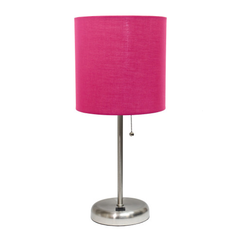 Contemporary Brushed Steel Bedside Table Desk Lamp with Drum Shade - 19.5" - Silver and Hot Pink - IMAGE 1