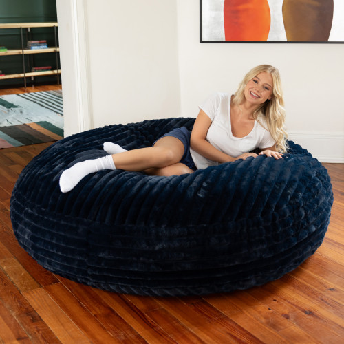 Large Round Faux Fur Cocoon Bean Bag Chair - 6' - Blue - IMAGE 1