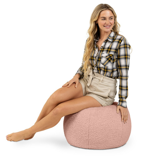 Small Shearling Handcrafted Round Pouf Ottoman - 20” - Pink - IMAGE 1