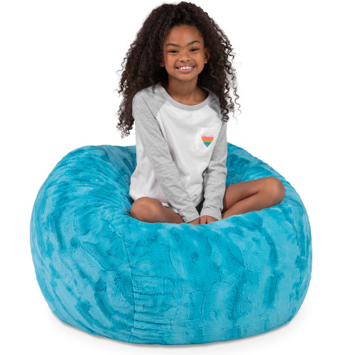 Kids Round Faux Fur Bean Bag Chair - 3' - Turquoise Blue - IMAGE 1