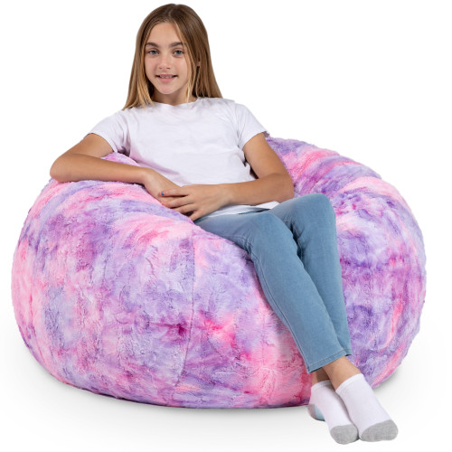 Abstract Round Faux Fur Kids Bean Bag Chair - 3' - Unicorn Pink - IMAGE 1