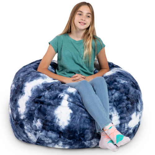 Round Abstract Faux Fur Kids Bean Bag Chair - 3' - Blue and White - IMAGE 1