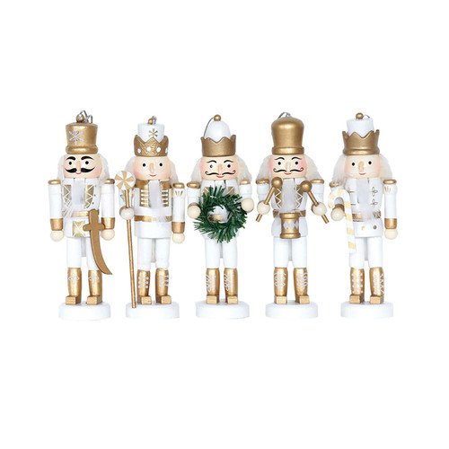 Set of 5 White and Gold Classic Christmas Nutcrackers Ornaments 5" - IMAGE 1
