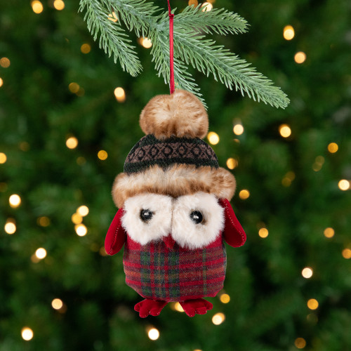 Plush Baby Owl in Plaid Christmas Ornament - 7" - IMAGE 1