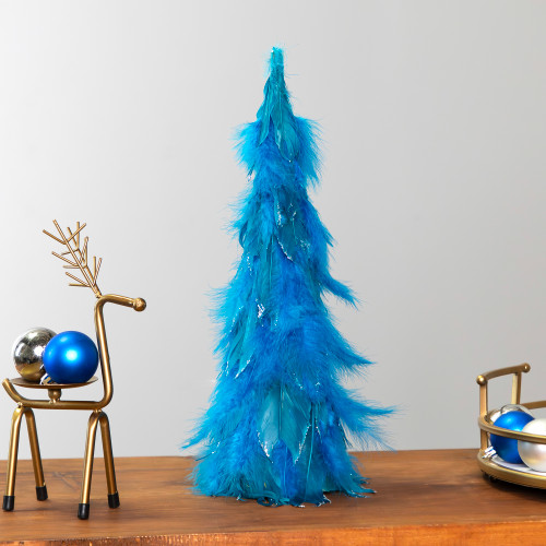 Small Two-Tone Layered Feathers Cone Tree Christmas Decoration - 16" - Turquoise - IMAGE 1