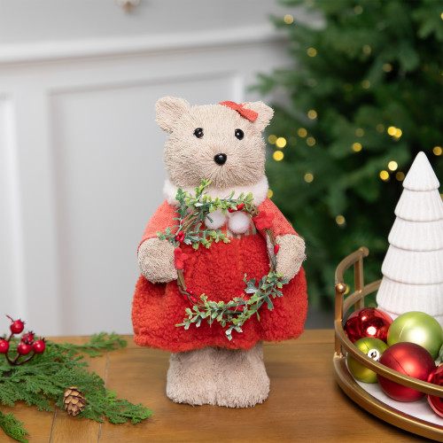 Woodland Girl Bear Holding Wreath Christmas Figure -  10" - IMAGE 1