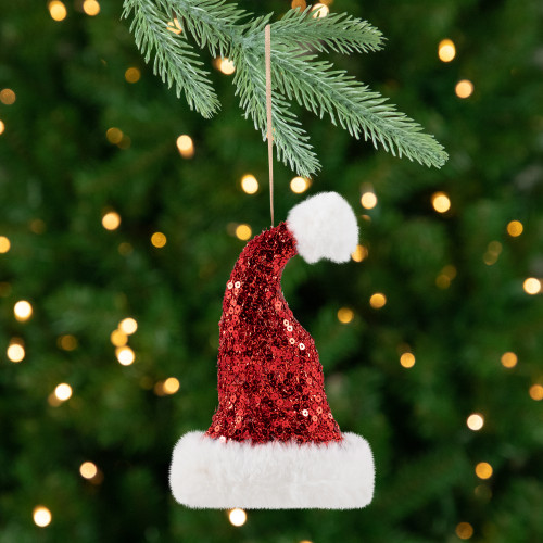 Sequined Santa Hat with Plush Trim Christmas Ornament - 8.5" - Red - IMAGE 1