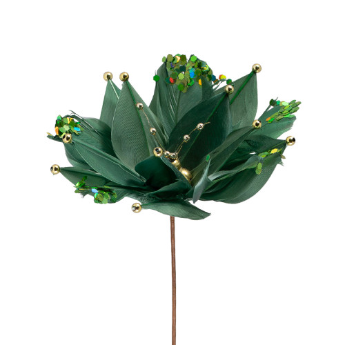 Poinsettia with Feather Petals Artificial Christmas Pick - 13.75" - Green - IMAGE 1