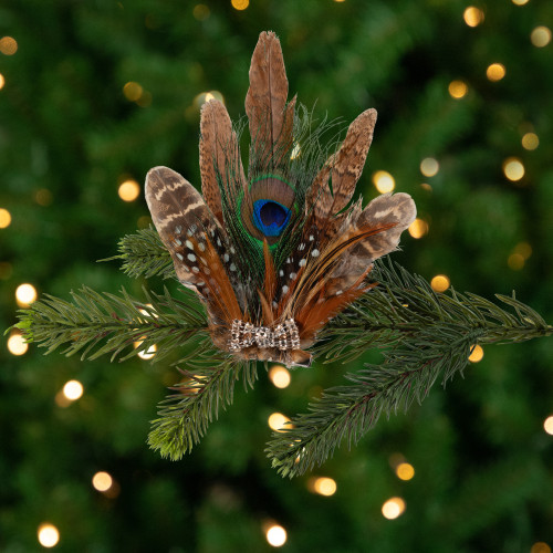 Peacock Feather Christmas Clip-On Ornament - 6" - Brown, White and Green - IMAGE 1