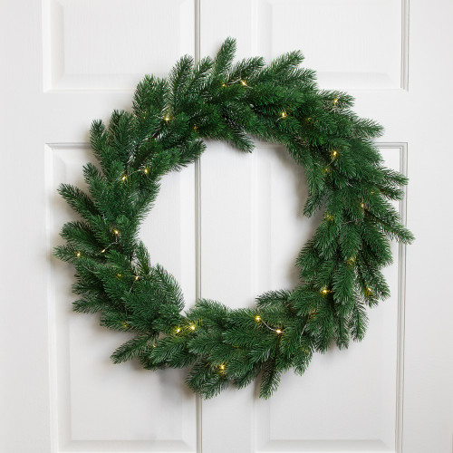 Pre-Lit Battery Operated Lush Pine Artificial Christmas Wreath - 24" - Clear Lights - IMAGE 1