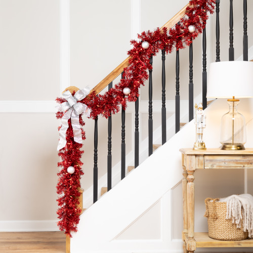 Pre-Lit Tinsel Artificial Christmas Garland - 9' x 8" - Red - Clear Lights - IMAGE 1
