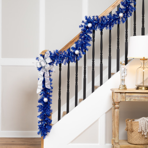 Pre-Lit Artificial Tinsel Christmas Garland - 9' x 8" - Blue - Clear Lights - IMAGE 1