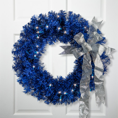 Pre-Lit Artificial Tinsel Christmas Wreath - 24" - Blue - Clear Lights - IMAGE 1