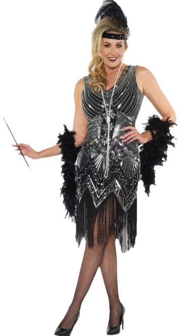Black and Silver 1920s Style Flapper Women Adult Halloween Costume - Large - IMAGE 1