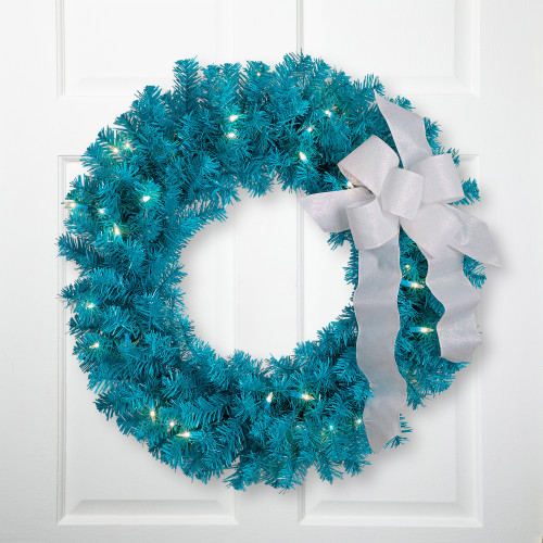 Pre-Lit Artificial Pine Christmas Wreath - 24" - Turquoise - Clear Lights - IMAGE 1