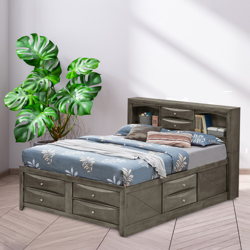 Wooden Panel Full Bed with Drawers and Shelves - 87" - Gray - IMAGE 1