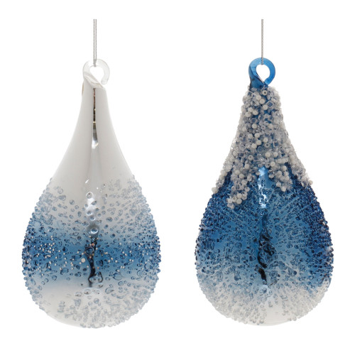 Beaded Teardrop Glass Christmas Ornaments - 6" - Navy Blue and Silver - 6ct - IMAGE 1