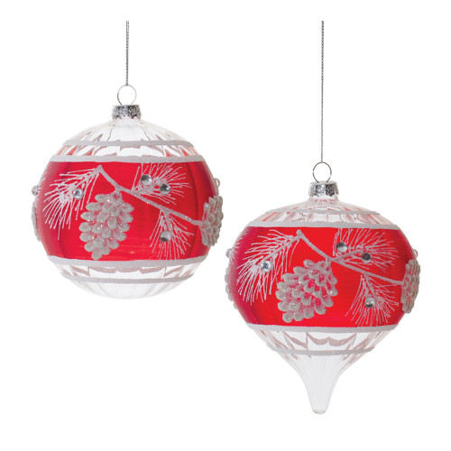 Glittered Pine Cone Glass Christmas Ornaments - 5" - Red and White - 6ct - IMAGE 1