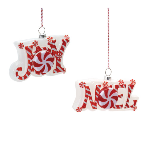 Peppermint Joy and Noel Glass Christmas Ornaments - 4.75" - Red and White  - 6ct - IMAGE 1