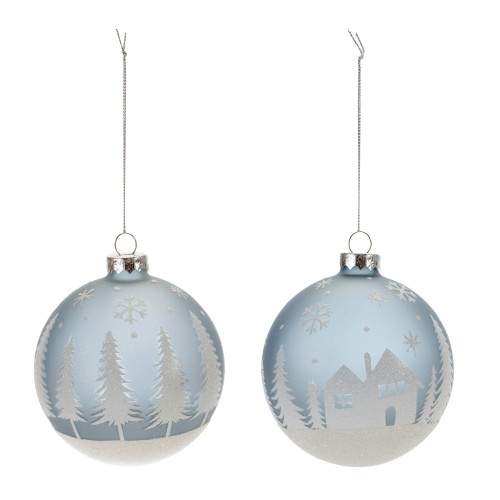 Glittered Winter Scene Glass Ball Christmas Ornaments - 4" (100mm) - Blue - 6ct - IMAGE 1