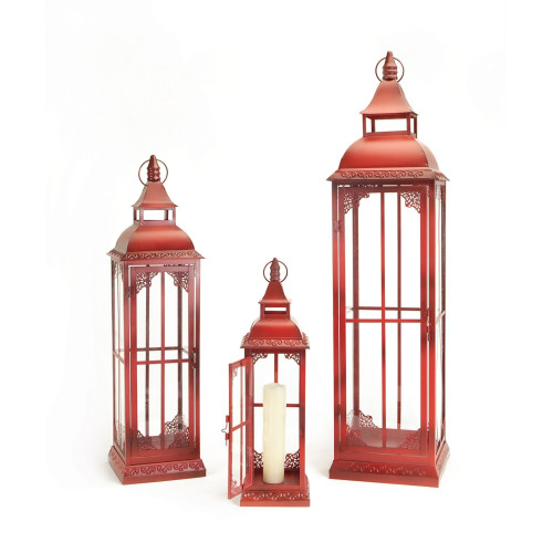 Set of 3 Red Cut Outs Pillar Candle Lanterns 37" - IMAGE 1