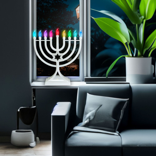 LED Glow Color Changing Hanukkah Menorah - 13" - Pearl White - IMAGE 1