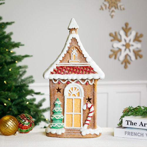 LED Lighted Gingerbread House with Christmas Tree and Candy Cane - 18.5" - IMAGE 1