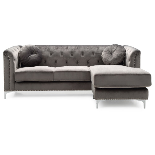 Nailhead Trim Tufted Velvet Sectional Sofa with Throw Pillows - 83" - Dark Gray - IMAGE 1