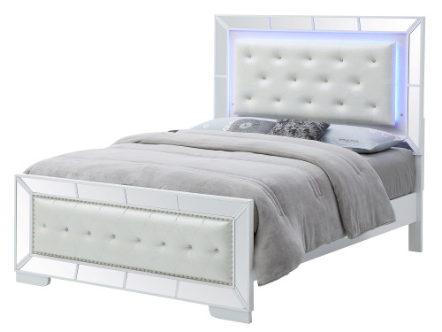 Diamond Tufted King Panel Bed with LED Lights - 92" - White - IMAGE 1