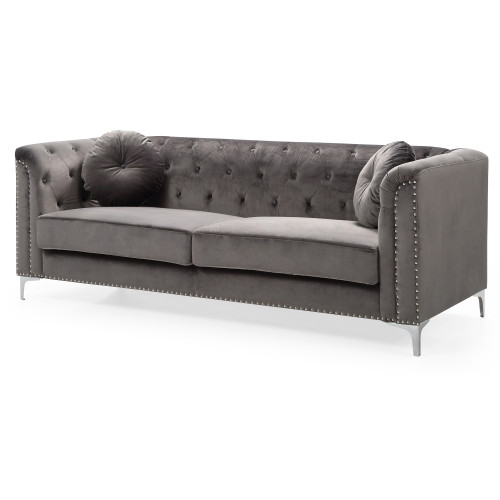 Tufted Nailhead Trim Velvet Sofa with Throw Pillows - 83" - Dark Gray - IMAGE 1