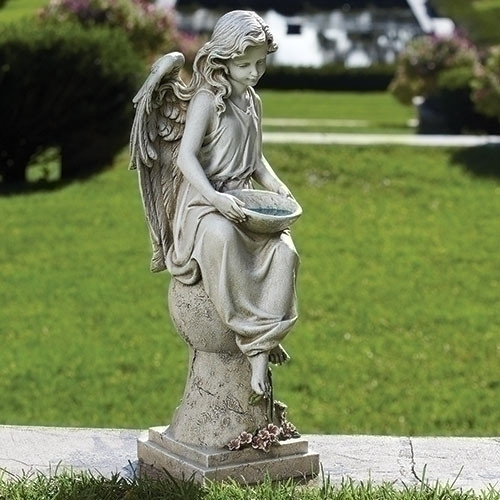 21" Solar Angel Seating on Pedestal Bird Bath Garden Statue - IMAGE 1