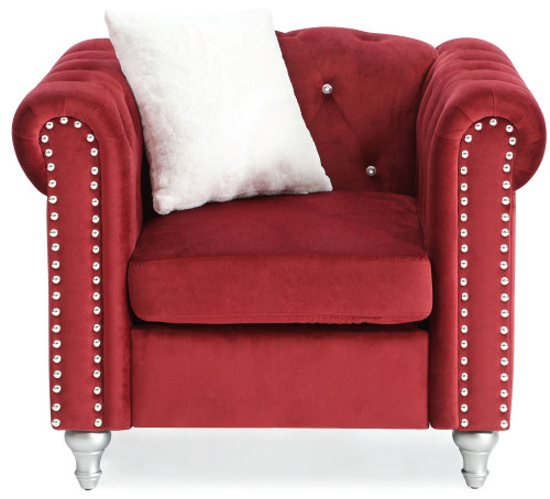 Solid Jeweled Tufted Velvet Accent Chair with Throw Pillow - 38" - Red and White - IMAGE 1