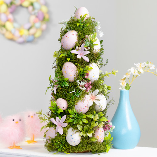 Floral and Foliage Easter Egg Tree - 14" - Pink and White - IMAGE 1