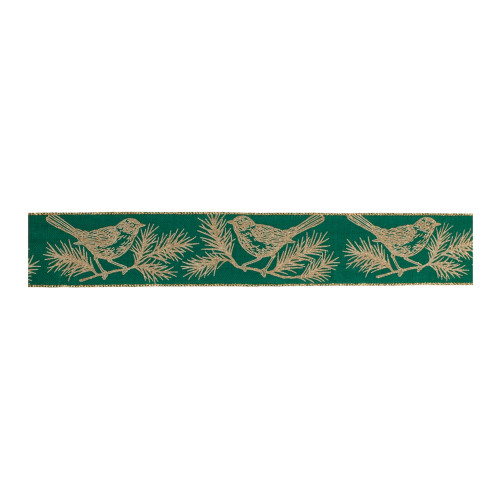 Chickadee Bird Christmas Wired Craft Ribbon - 2.5" x 20 Yards - Green and Gold - IMAGE 1
