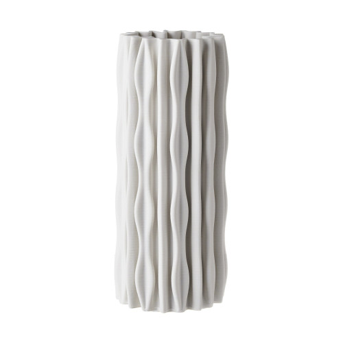 Ceramic Ribbed Cylindrical Vase - 15.5" - White - IMAGE 1