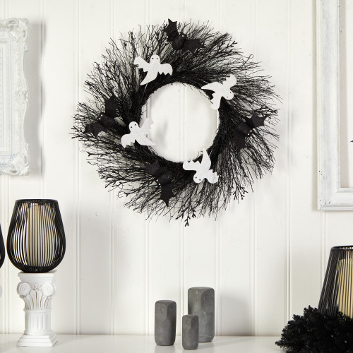 Ghost and Bats Artificial Halloween Twig Wreath - 22" - Unlit - IMAGE 1