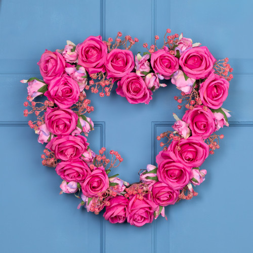 Blooming Rose Buds Artificial Heart Shaped Valentine's Day Wreath - 16" - Pink - IMAGE 1