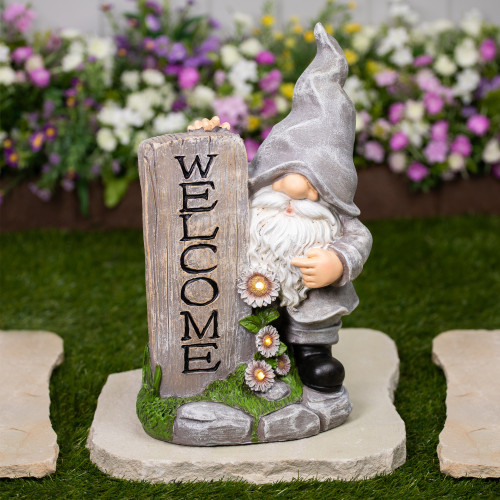 LED Solar Lighted Gnome Welcome Outdoor Garden Statue - 15.5" - IMAGE 1