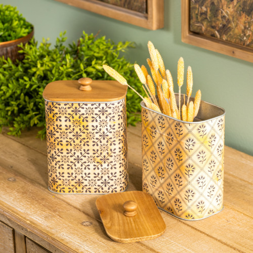 Geometric Storage Canisters with Wooden Lid - 7.25" - Set of 2 - IMAGE 1