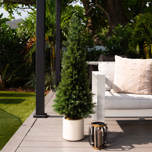 Potted Cedar Artificial Tree with White Planter - 4' - Green - IMAGE 1