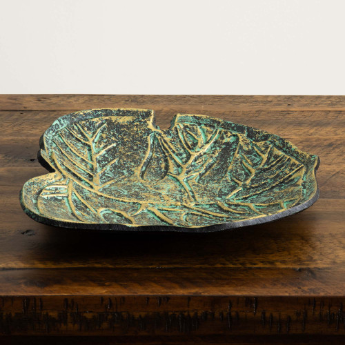 Leaf Shaped Accent Tray - 10" - Green and Brass Finish - IMAGE 1