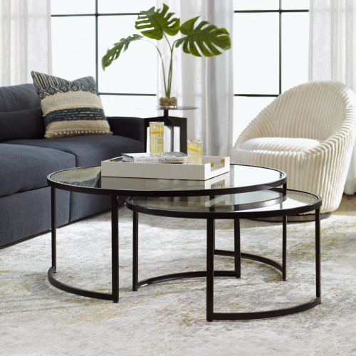 Glass Top Nesting Round Coffee Table - 42" - Set of 2 - IMAGE 1