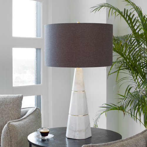 Honed Marble Table Lamp with Drum Shade - 28.75" - White and Gold - IMAGE 1