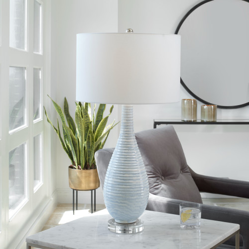 Ceramic Ribbed Table Lamp with Drum Shade - 31" - Blue - IMAGE 1