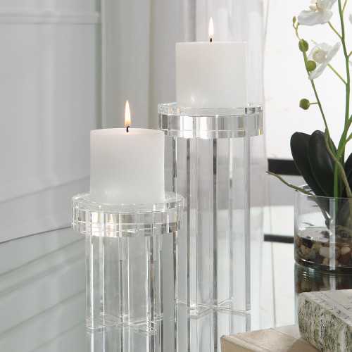 Crystal Pillar Candle Holders - 8.5" - Set of 2 - Clear - IMAGE 1